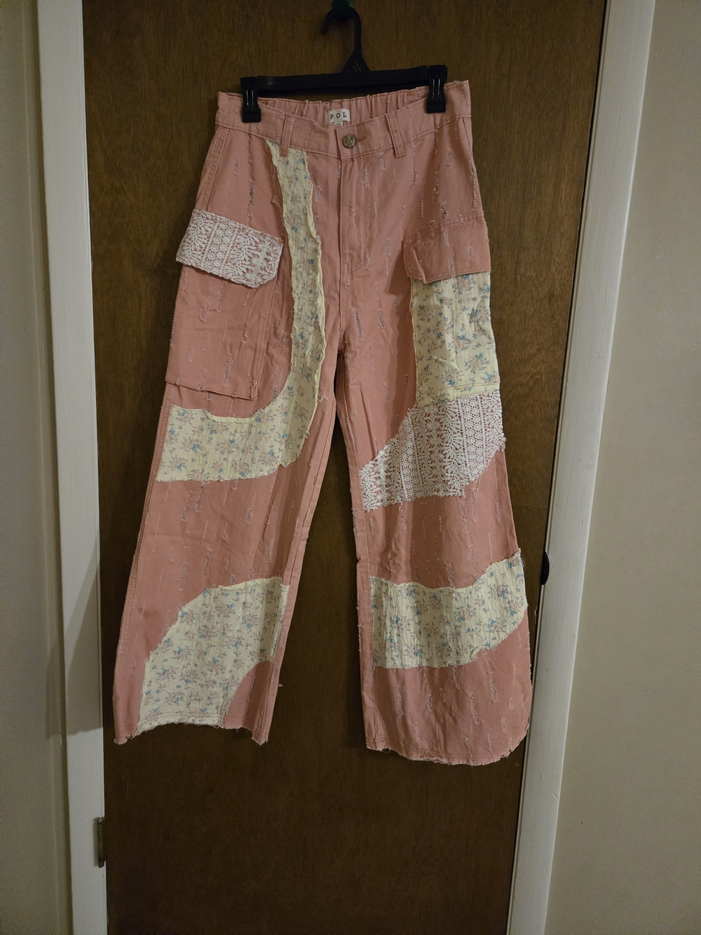POL Pink Patchwork Wide Leg Pants with Cream Floral Panels